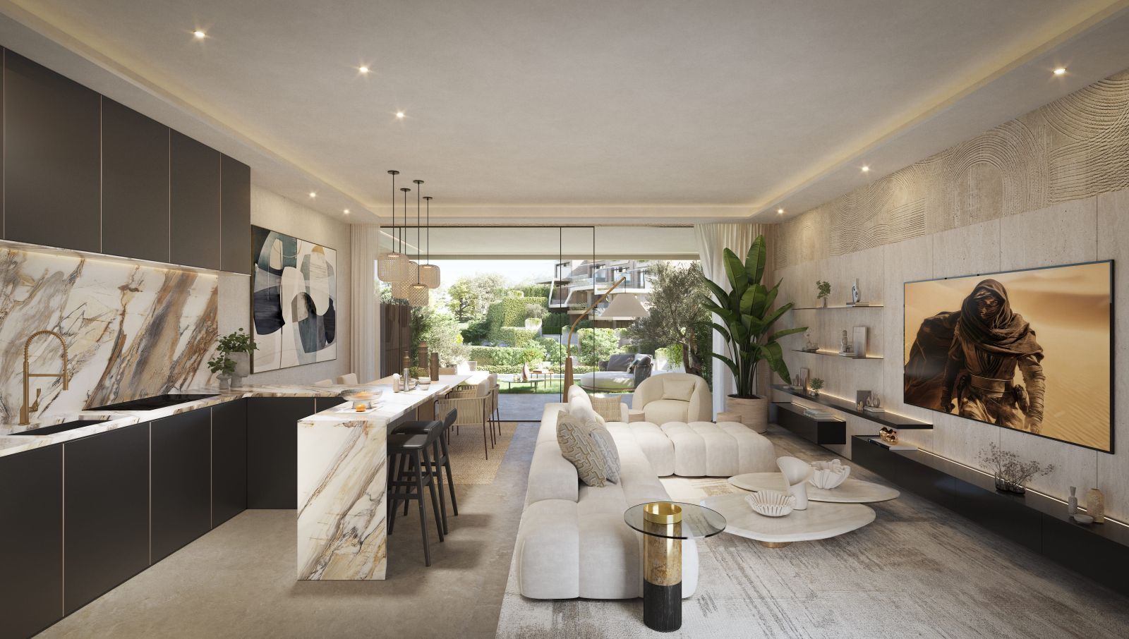 02 modern living room with marble kitchen and garden