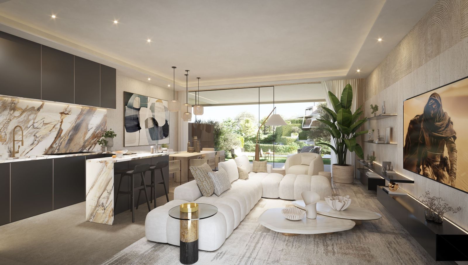 04 modern living room with marble kitchen and garden